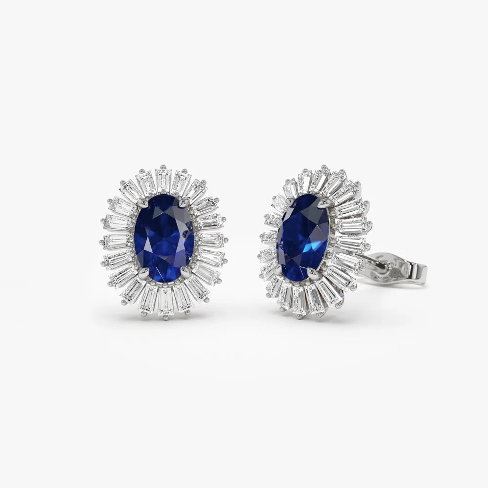 14k Solid Gold Oval Blue Sapphire and Baguette Diamond Ballerina Stud Earrings 1.75 ctw