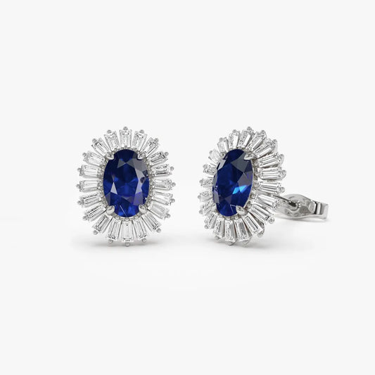 14k Solid Gold Oval Blue Sapphire and Baguette Diamond Ballerina Stud Earrings 1.75 ctw
