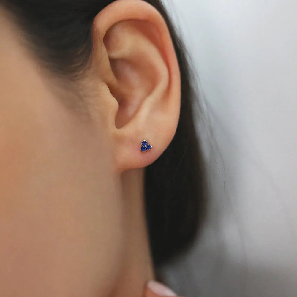 14K Solid Gold Round Sapphire Trio Prong Set Stud Earrings 0.15 CTW