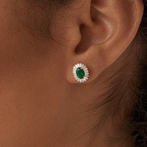 14k Solid Gold Oval Emerald and Baguette Diamond Ballerina Stud Earrings 1.30 ctw