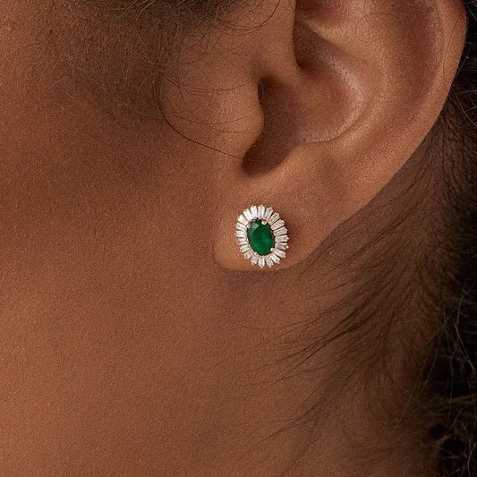 14k Solid Gold Oval Emerald and Baguette Diamond Ballerina Stud Earrings 1.30 ctw