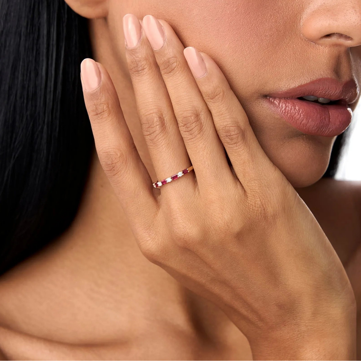 14k Gold Ruby and Diamond Baguette and Round Cut Prong Setting Ring 0.54 ctw