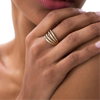 14k Gold Four Band Statement Ring Wide Multi Layer Style