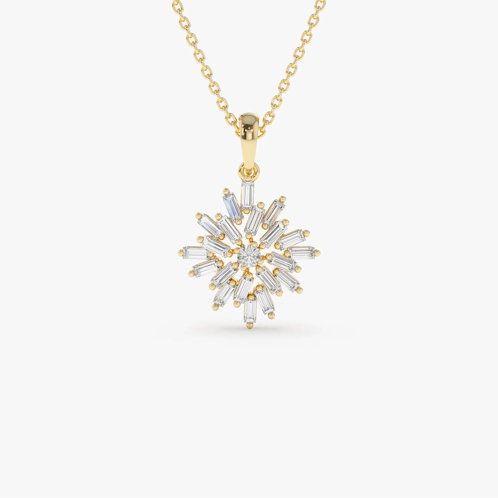 14K Solid Gold Baguette and Round Diamond Cluster Pendant Necklace Prong Setting 0.56ctw