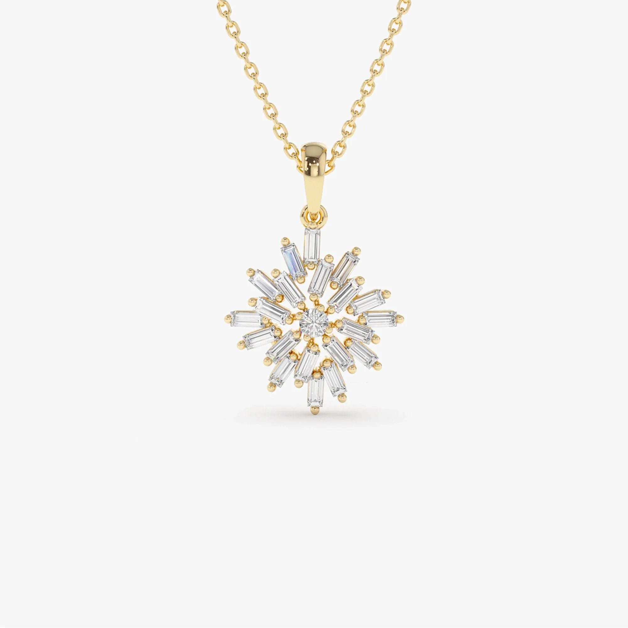 14K Solid Gold Baguette and Round Diamond Cluster Pendant Necklace Prong Setting 0.56ctw