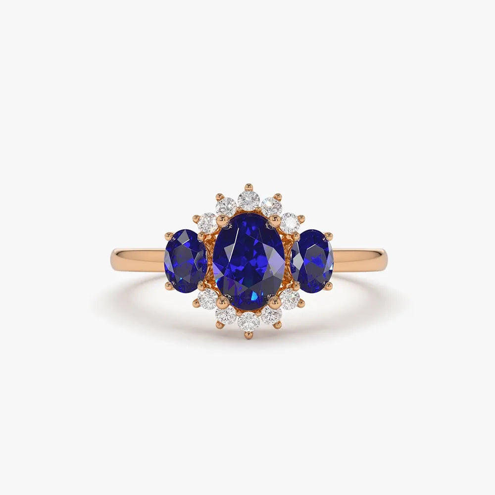 14k Gold Sapphire and Diamond Oval Cut Three Stone Cluster Ring 1.41 ctw