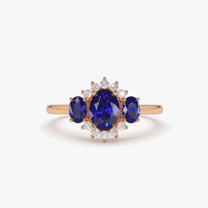 14k Gold Sapphire and Diamond Oval Cut Three Stone Cluster Ring 1.41 ctw