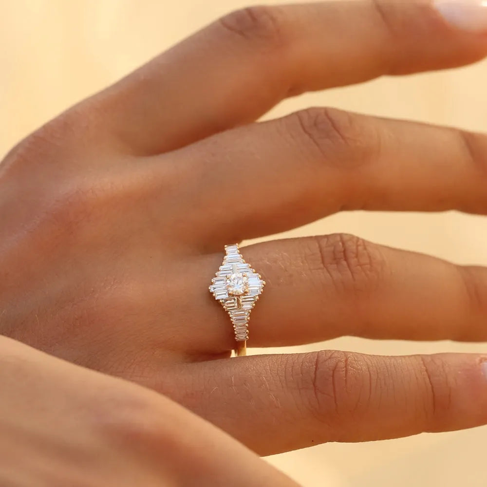 14k Gold Round and Baguette Diamond Art Deco Ring 0.82 ctw