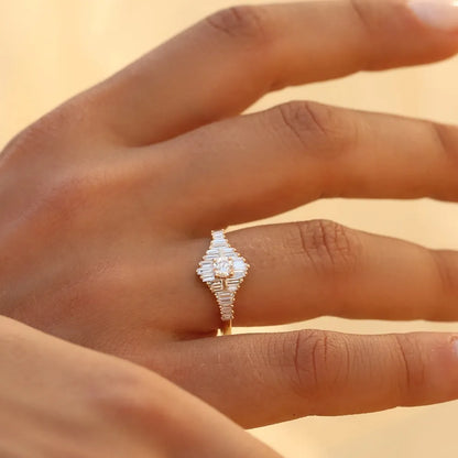 14k Gold Round and Baguette Diamond Art Deco Ring 0.82 ctw