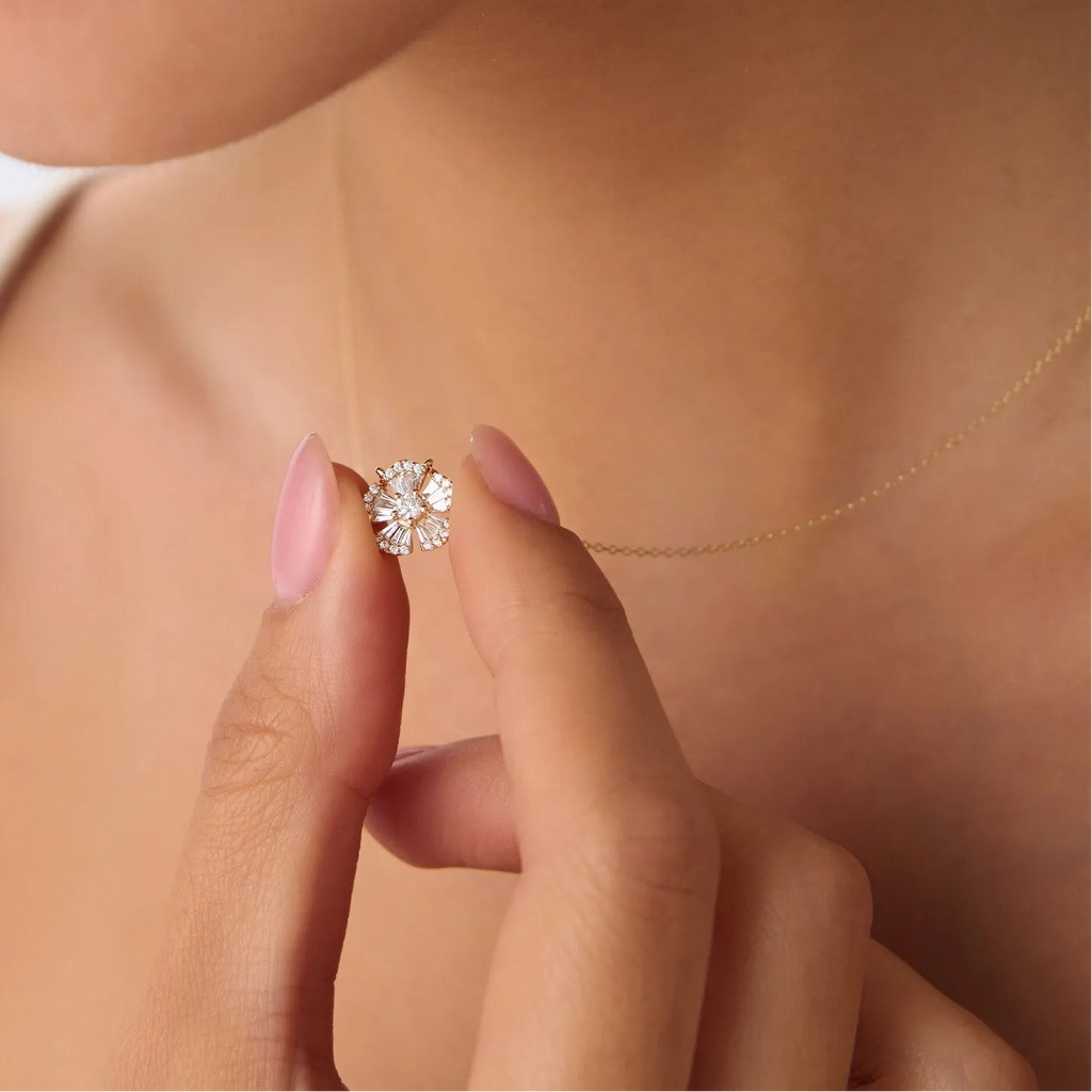 14K Solid Gold 0.40 CTW Baguette and Round Diamond Flower Necklace