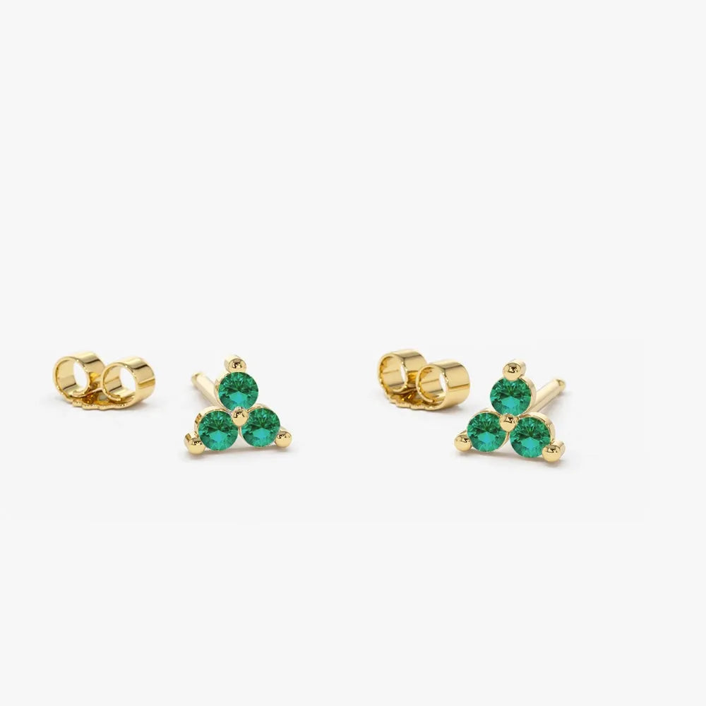 14K Solid Gold Round Emerald Trio Stud Earrings 0.14ctw Prong Setting