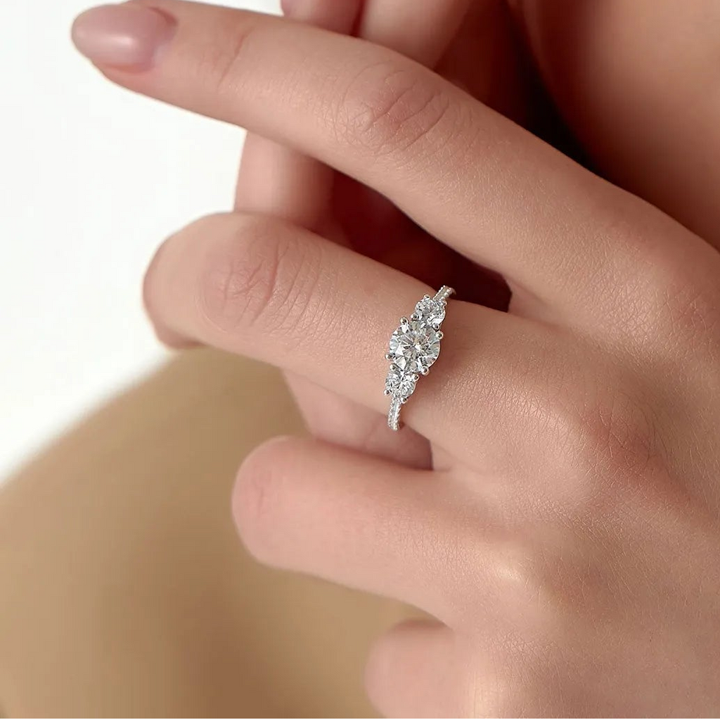 14k Gold Lab Grown Diamond Round Engagement Ring 1.65 CTW Three Stone Pave Shank