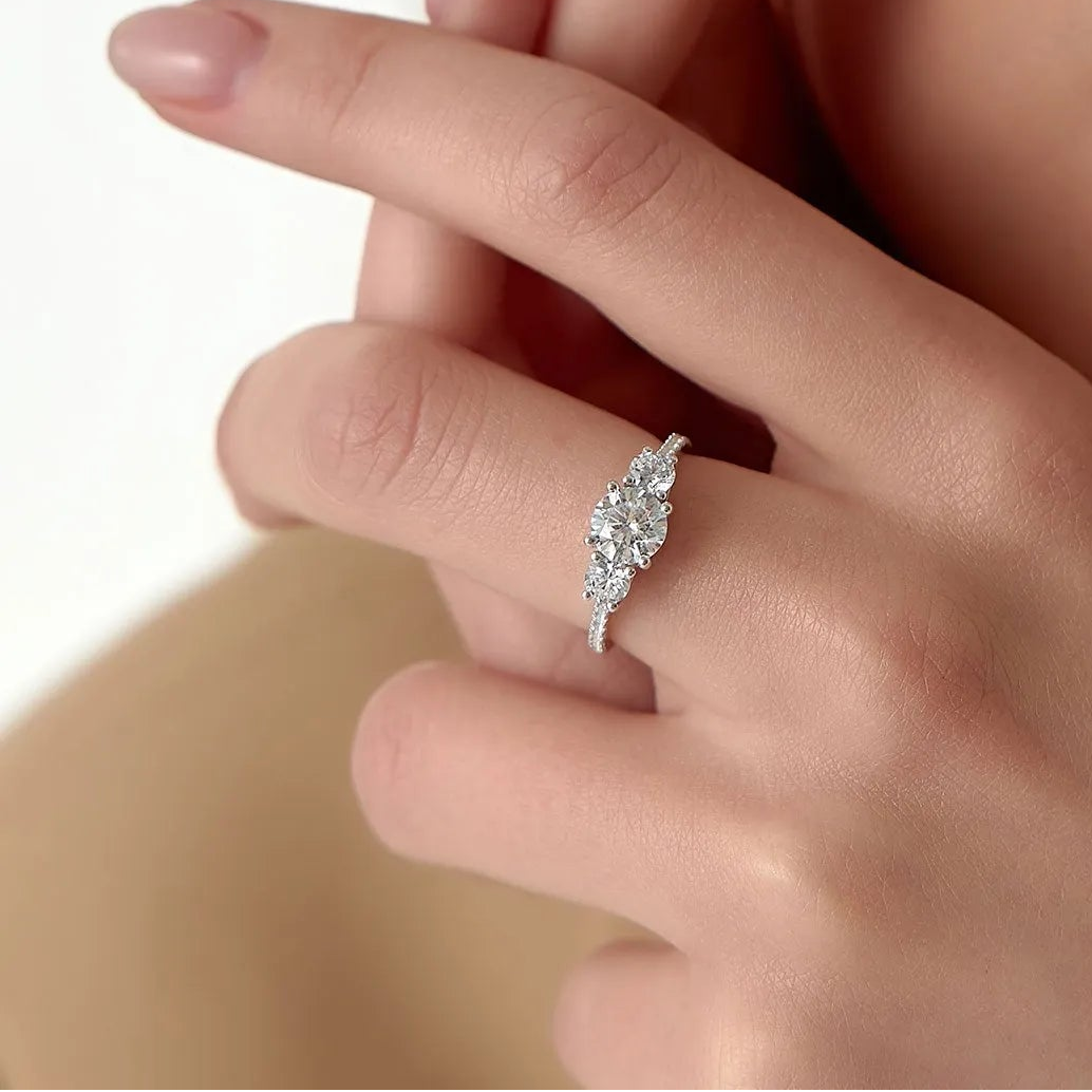 14k Gold Lab Grown Diamond Round Engagement Ring 1.65 CTW Three Stone Pave Shank