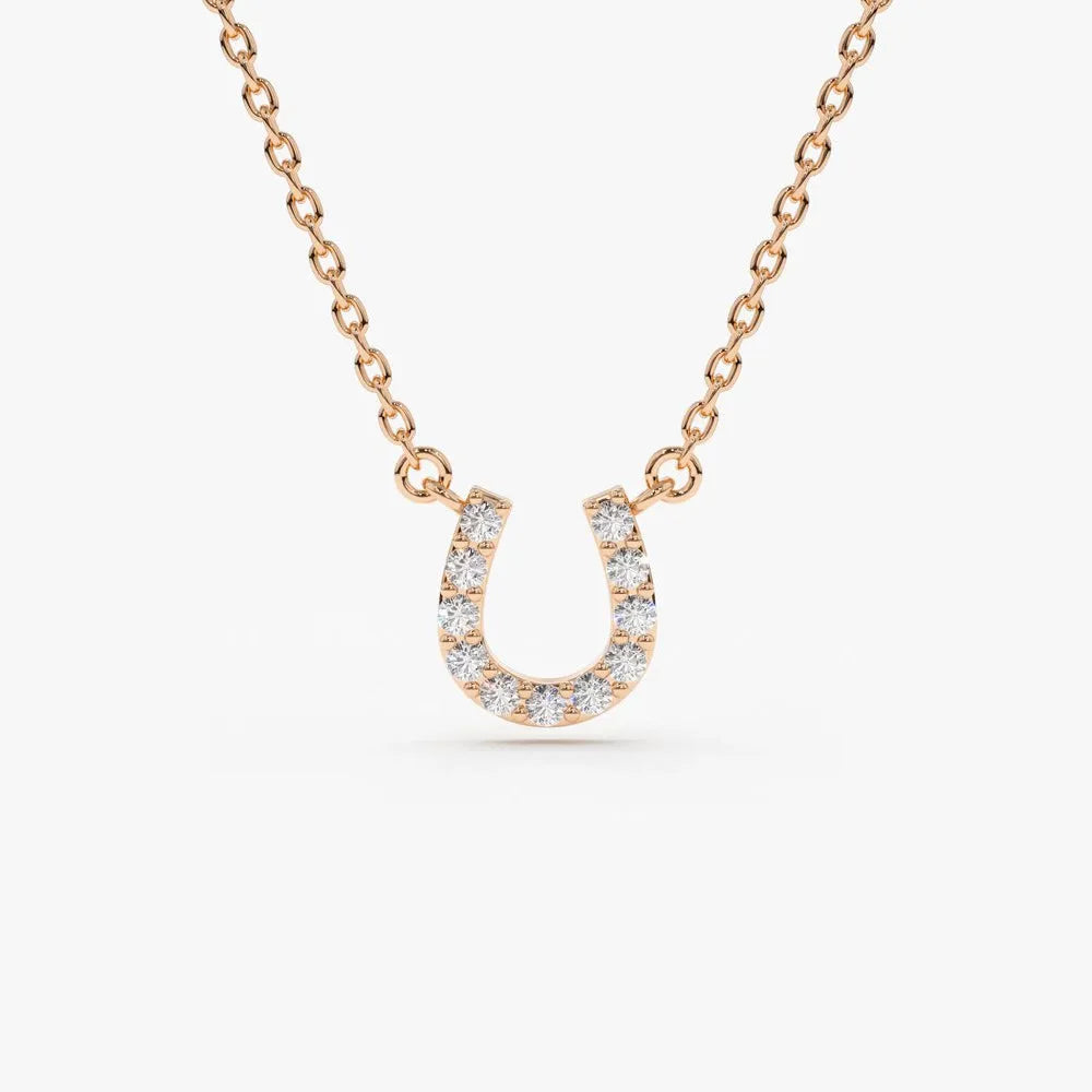 14K Solid Gold Round Diamond Micro Pave Mini Horseshoe Necklace 0.06cttw