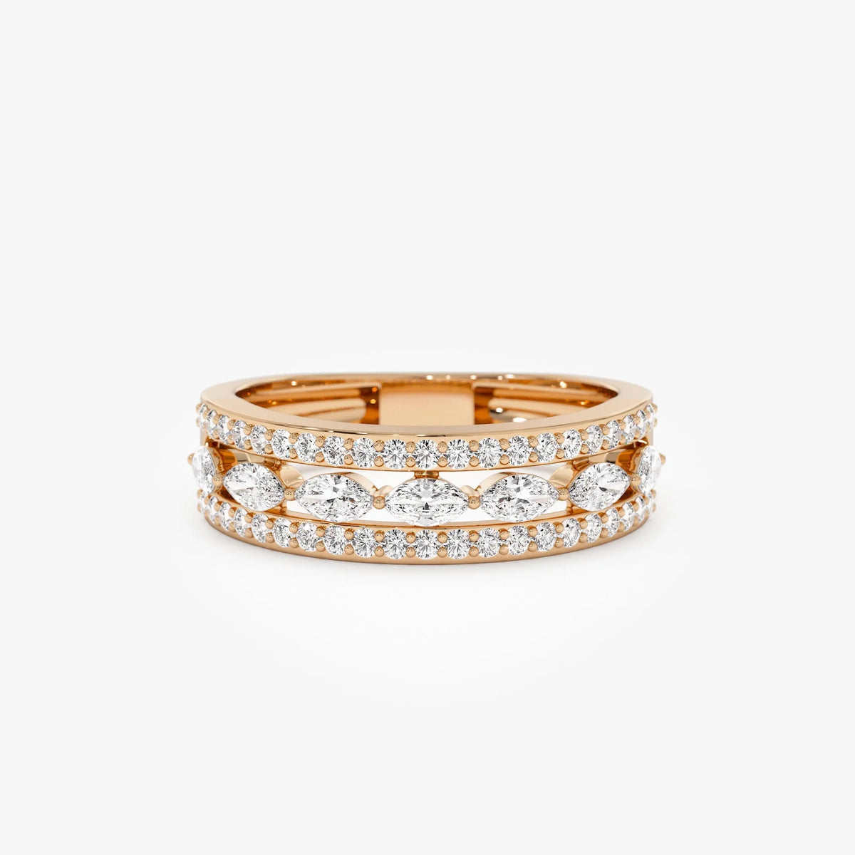 14k Solid Gold Marquise and Round Diamond 0.61 Carat Multi Band Ring