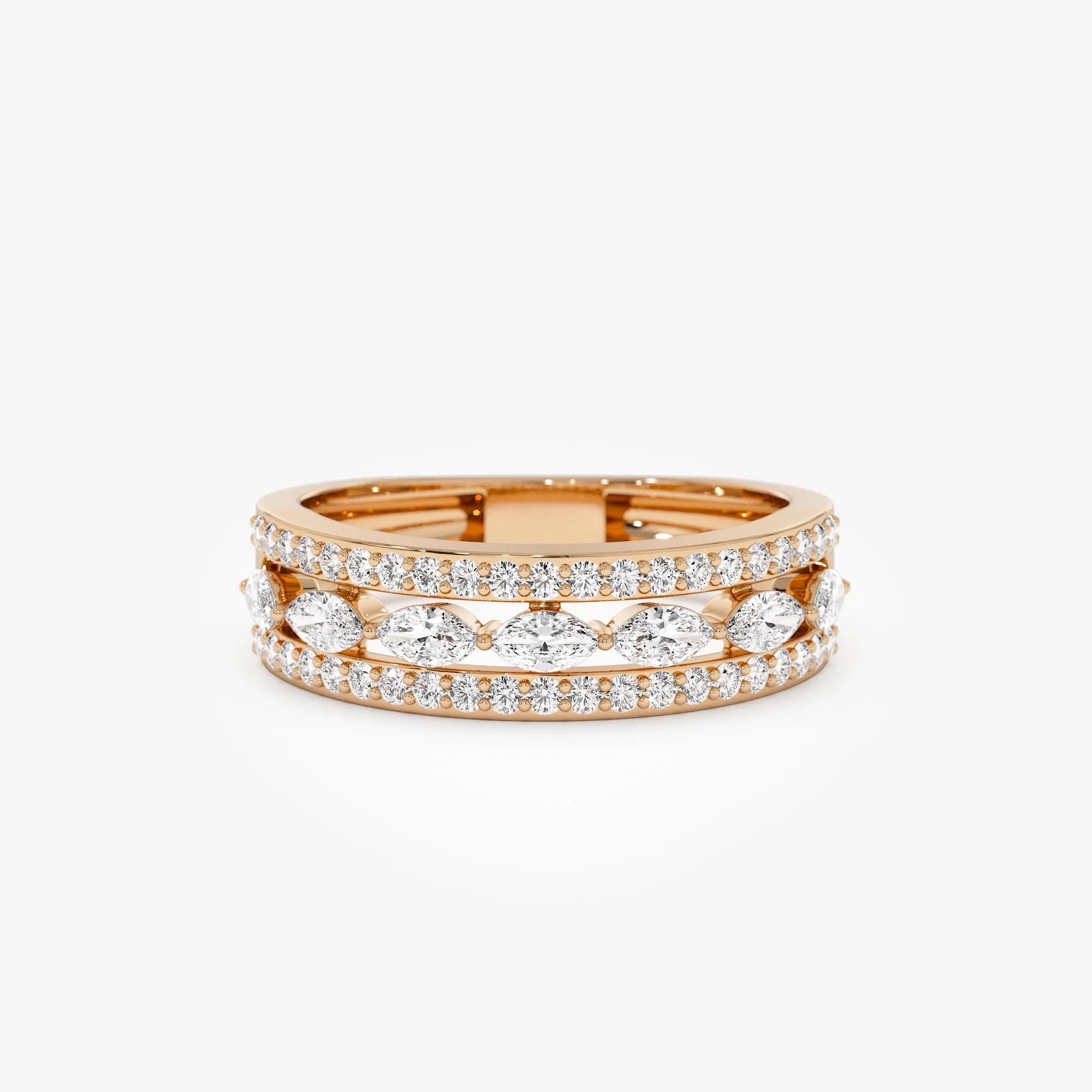 14k Solid Gold Marquise and Round Diamond 0.61 Carat Multi Band Ring
