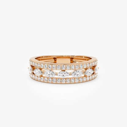 14k Solid Gold Marquise and Round Diamond 0.61 Carat Multi Band Ring