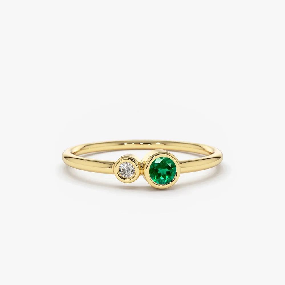 14K Solid Gold Round Emerald and Diamond Bezel Set Ring 0.17 CTW Handcrafted Jewelry