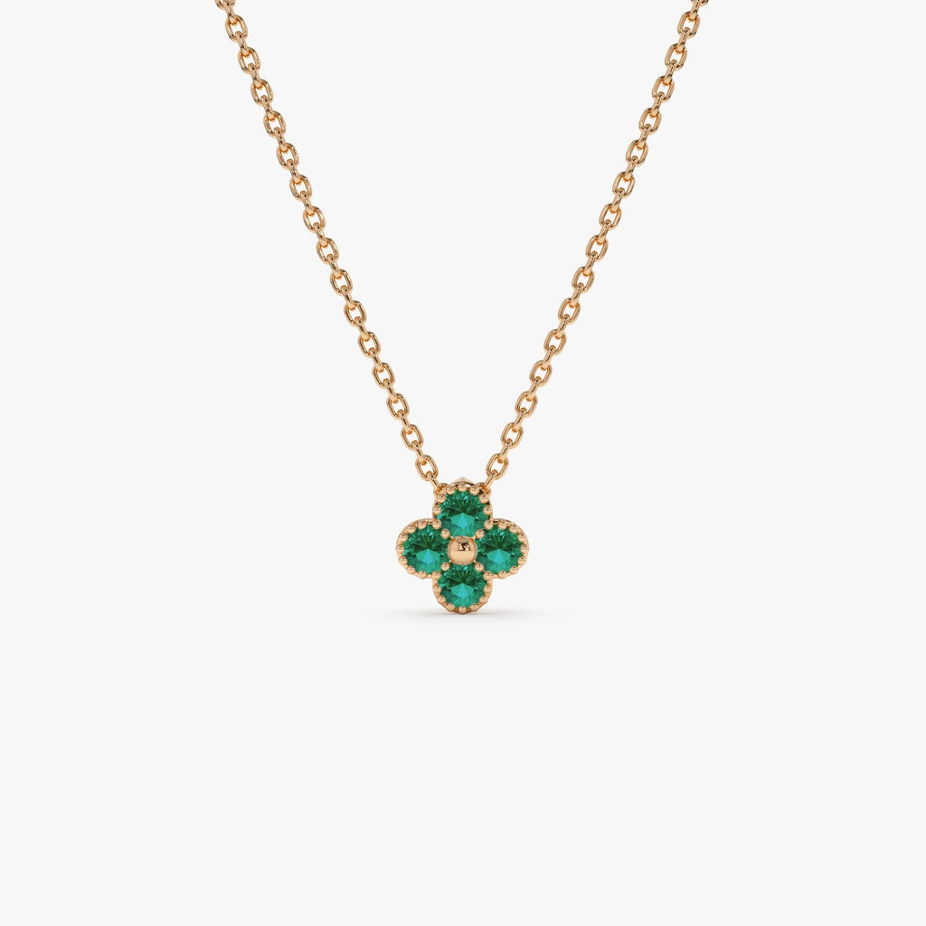 14k Solid Gold Round Emerald 0.15 CTW Clover Beaded Necklace Prong Setting
