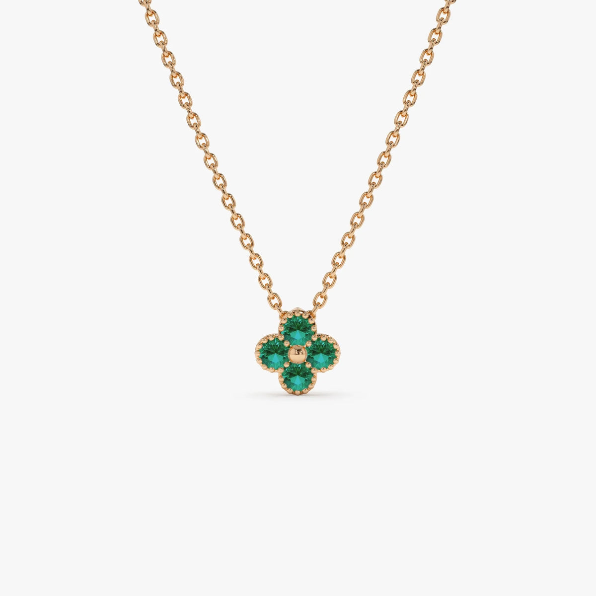 14k Solid Gold Round Emerald 0.15 CTW Clover Beaded Necklace Prong Setting