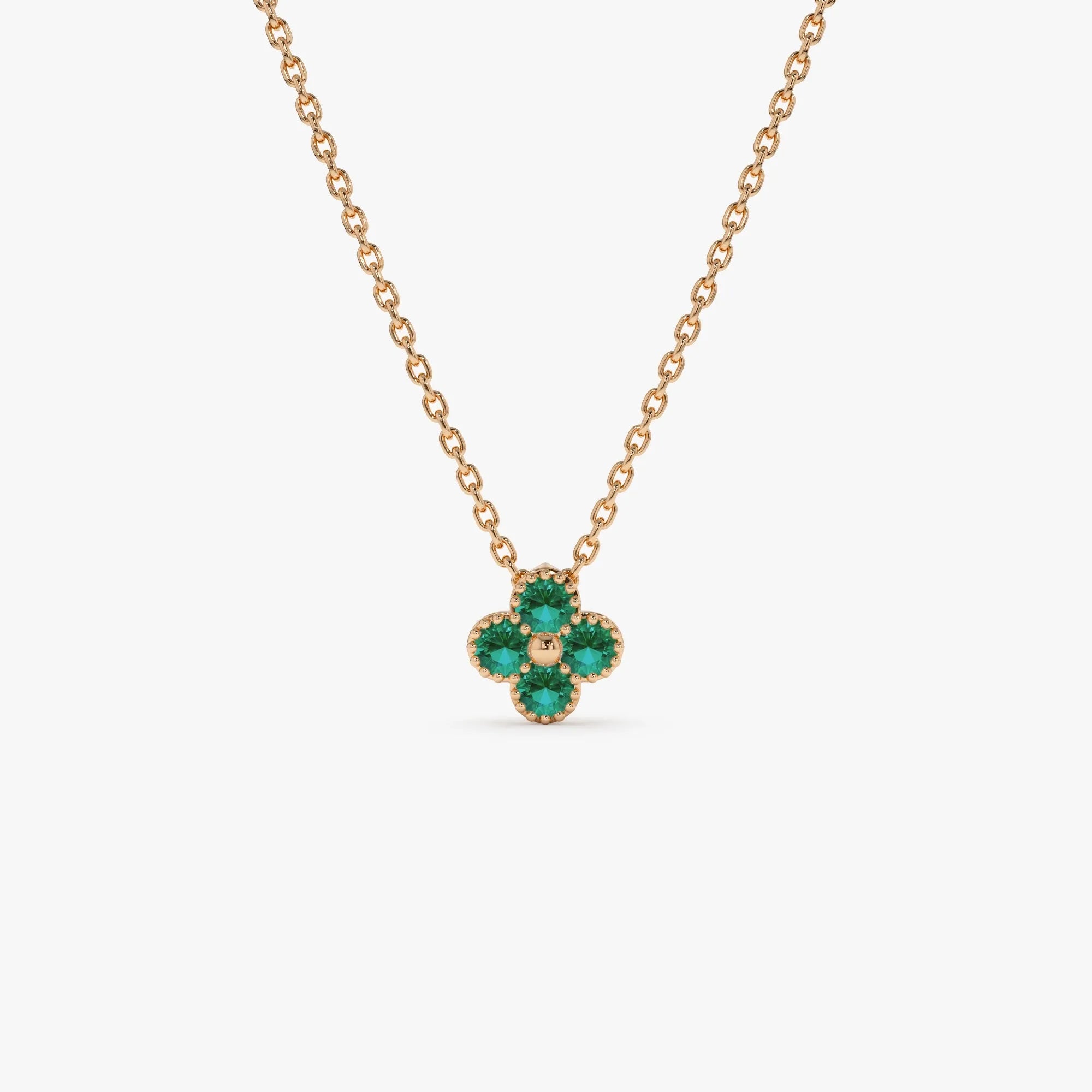14k Solid Gold Round Emerald 0.15 CTW Clover Beaded Necklace Prong Setting