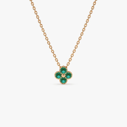 14k Solid Gold Round Emerald 0.15 CTW Clover Beaded Necklace Prong Setting