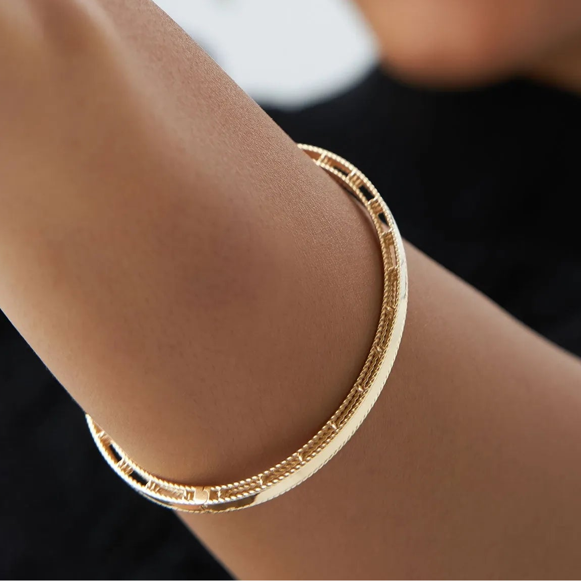 14K Solid Gold Wide Milgrain Edge Bangle Bracelet