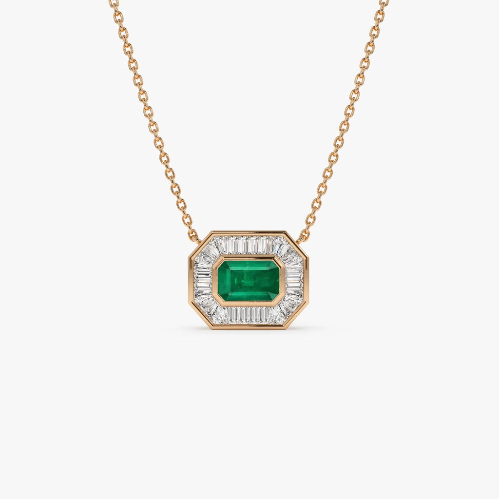 14k Solid Gold Octagon Emerald 0.65 CTW and Baguette Diamond 0.45 CTW Halo Pendant Necklace