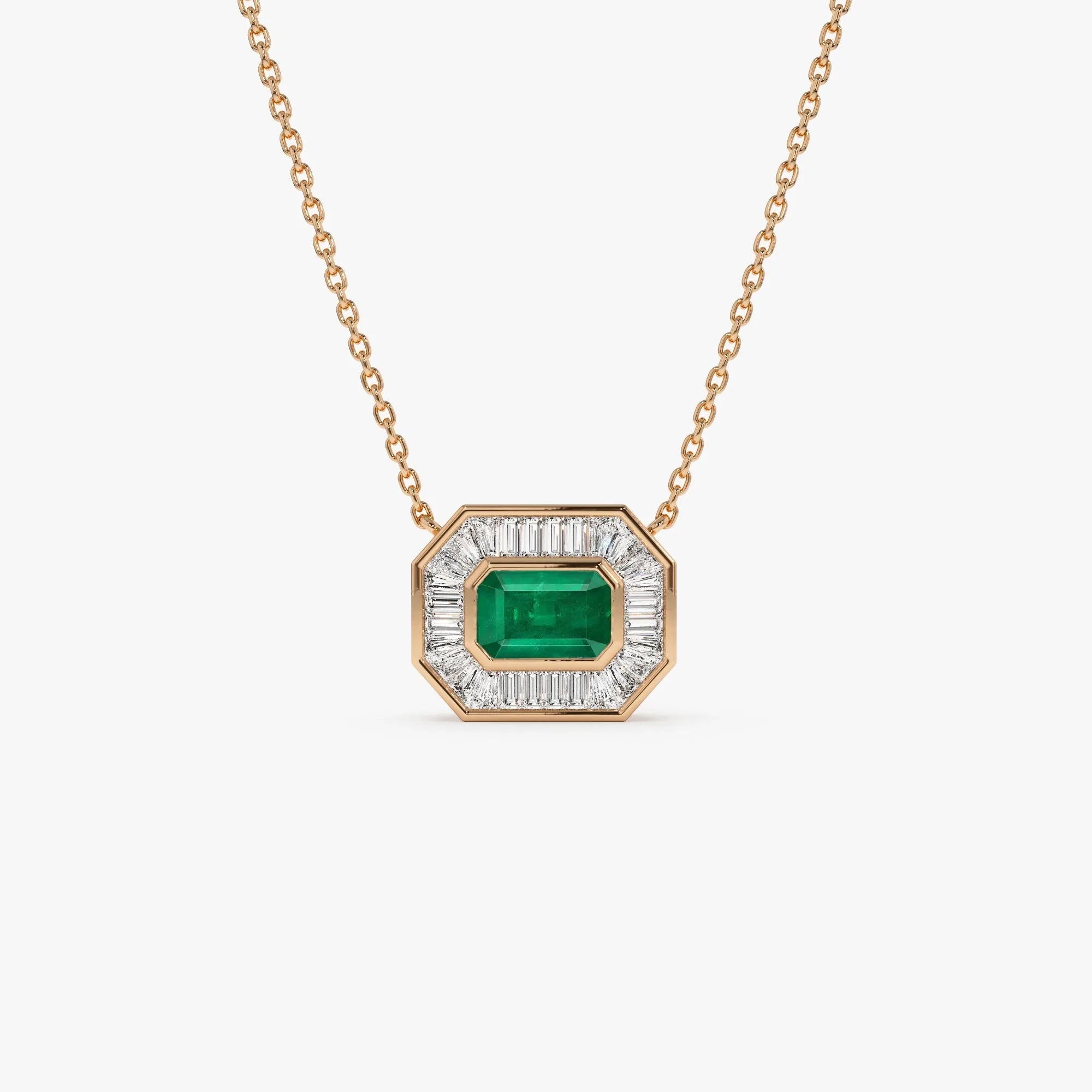 14k Solid Gold Octagon Emerald 0.65 CTW and Baguette Diamond 0.45 CTW Halo Pendant Necklace