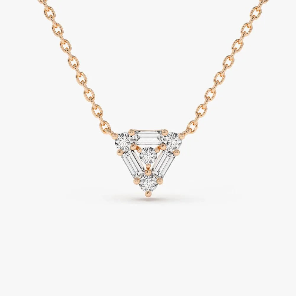 14K Solid Gold Round and Baguette Diamond Triangle Pendant Necklace 0.23ctw