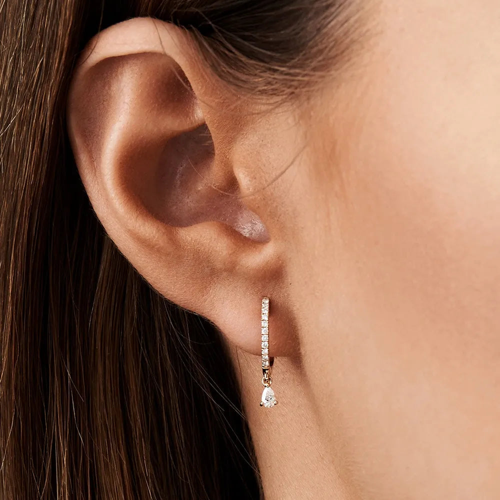 14k Gold Diamond Pear and Round Cut Dangling Huggie Earrings Prong Micro Pave 0.29 ctw