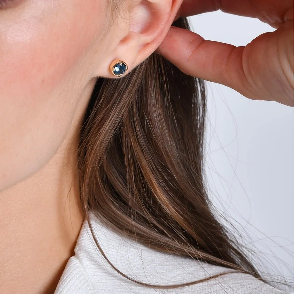14K Solid Gold Round London Blue Topaz Cushion Stud Earrings 1.25ctw