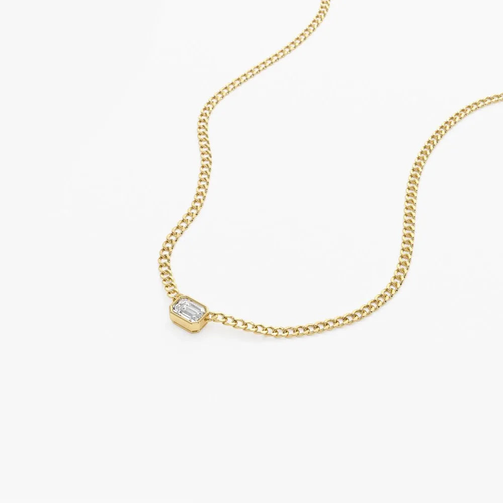 14K Solid Gold Emerald Cut Diamond Cuban Link Necklace Bezel Set 0.23ctw