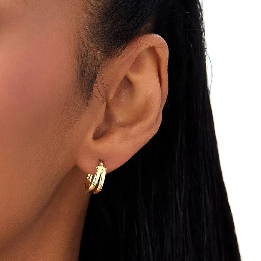 14k Yellow Gold Two Row Small Hoop Earrings 13mm 5.5mm Width