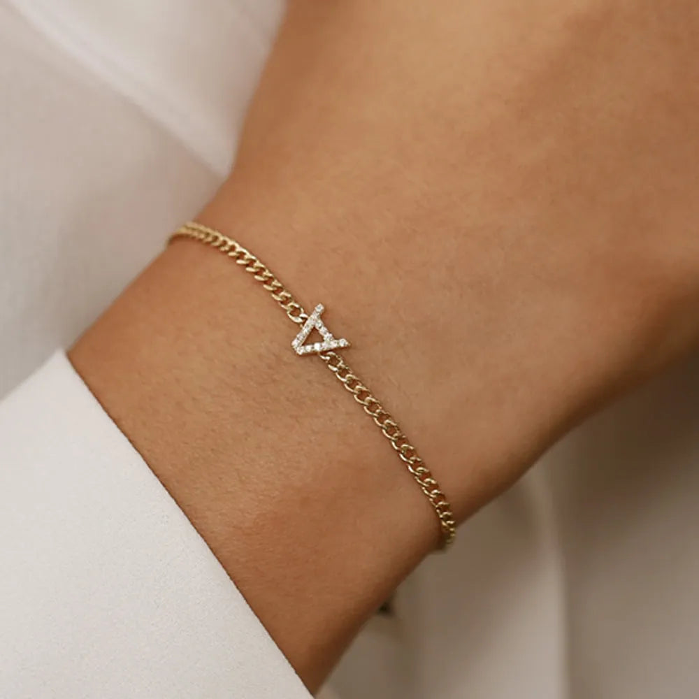 14K Solid Gold Round Diamond Initial Curb Link Bracelet Micro Pave 0.15 Carat
