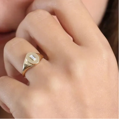 14K Gold Baguette Diamond Bezel Set Oval Signet Ring 0.13ctw