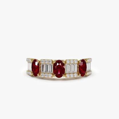 14k Gold Ruby and Diamond Baguette and Round Cut Ring