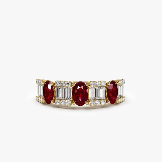 14k Gold Ruby and Diamond Baguette and Round Cut Ring