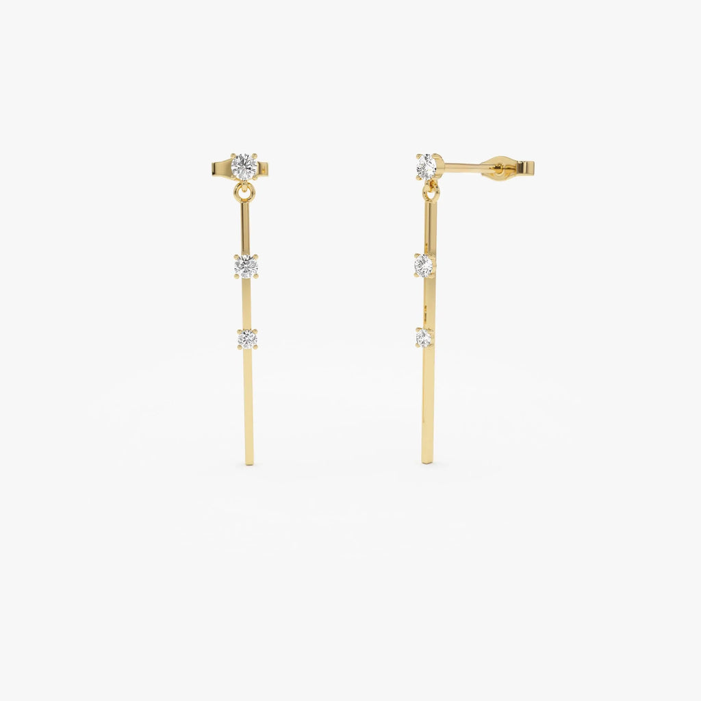 14k Gold Diamond Round Cut Linear Bar Triple Drop Earrings 0.28 ctw