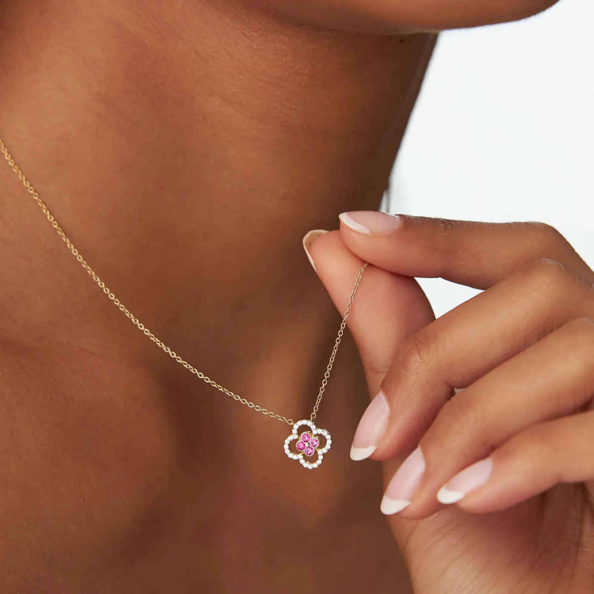 14k Solid Gold Ruby and Diamond Round Clover Halo Necklace 0.24 Carat