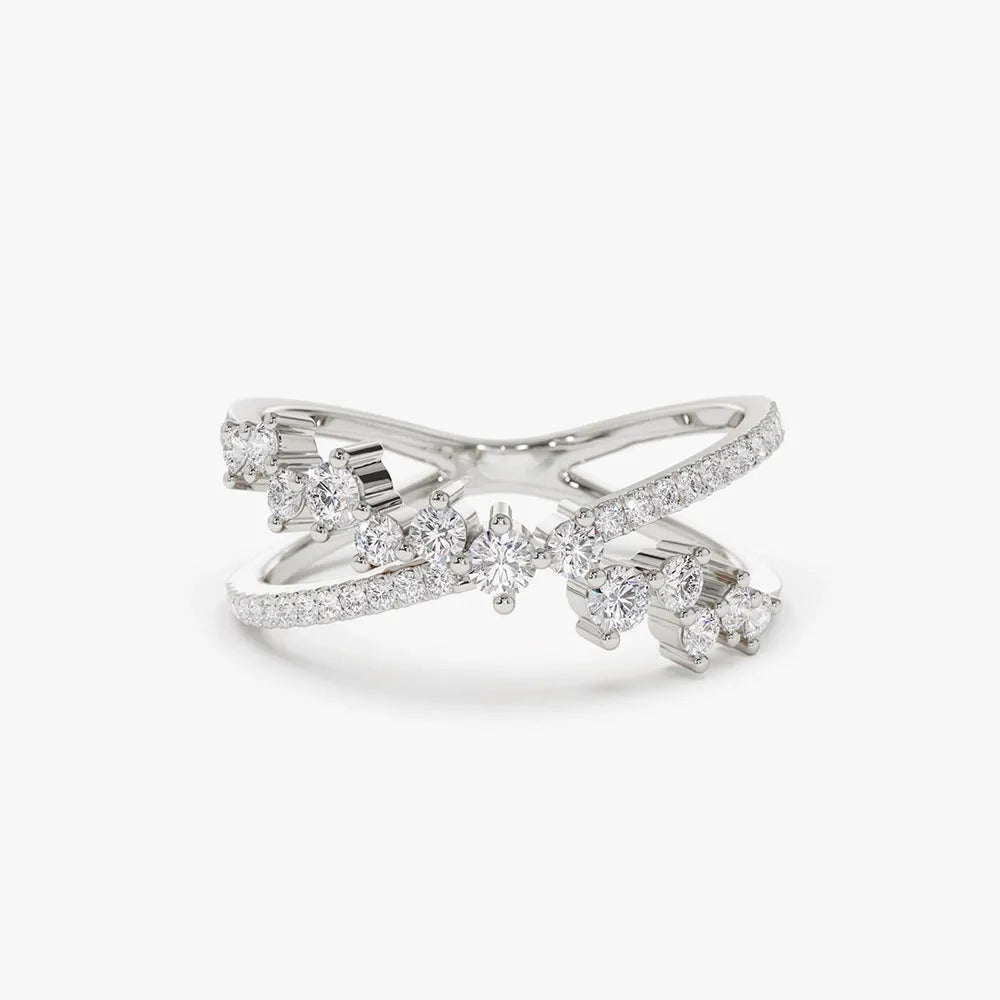 14k Gold Round Diamond Criss Cross Cluster Ring 0.53ctw Micro Pave Setting