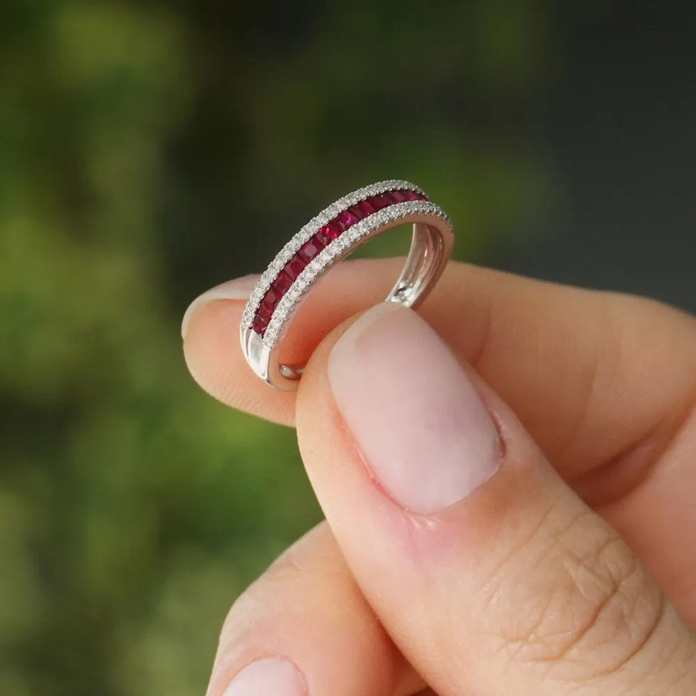 14k Solid Gold Ruby and Diamond Square and Round Cut Half Eternity Ring 1.05 ctw