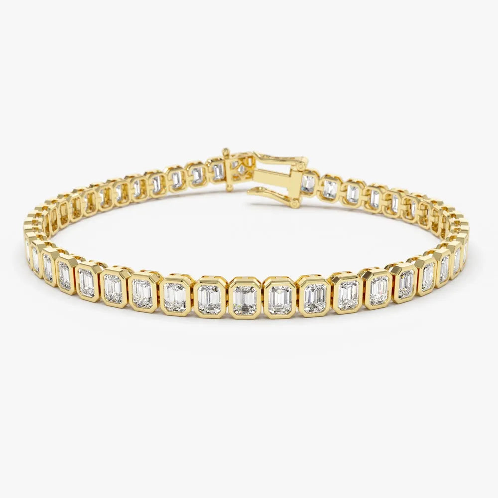 14K Solid Gold 5.75 CTW Emerald Cut Diamond Bezel Set Tennis Bracelet