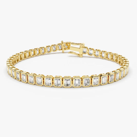 14K Solid Gold 5.75 CTW Emerald Cut Diamond Bezel Set Tennis Bracelet