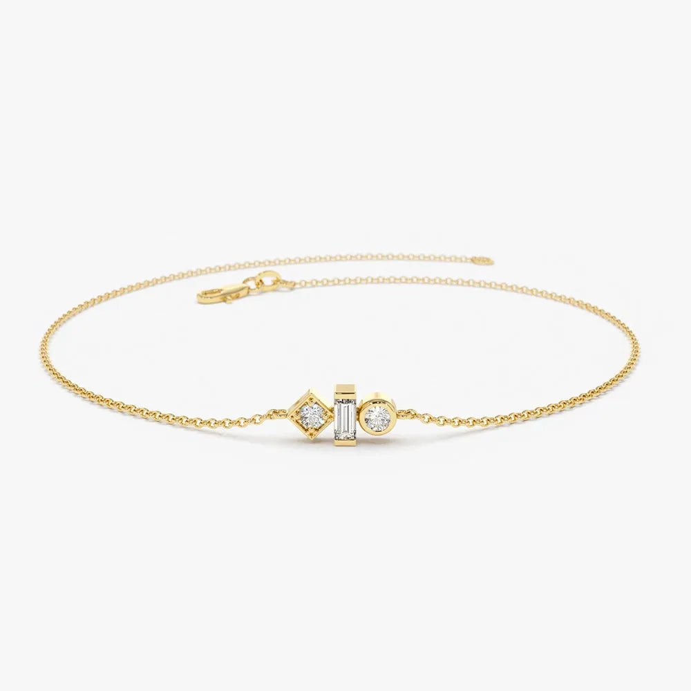14K Solid Gold Baguette and Round Diamond Bracelet Bezel and Channel Setting 0.15 Carat