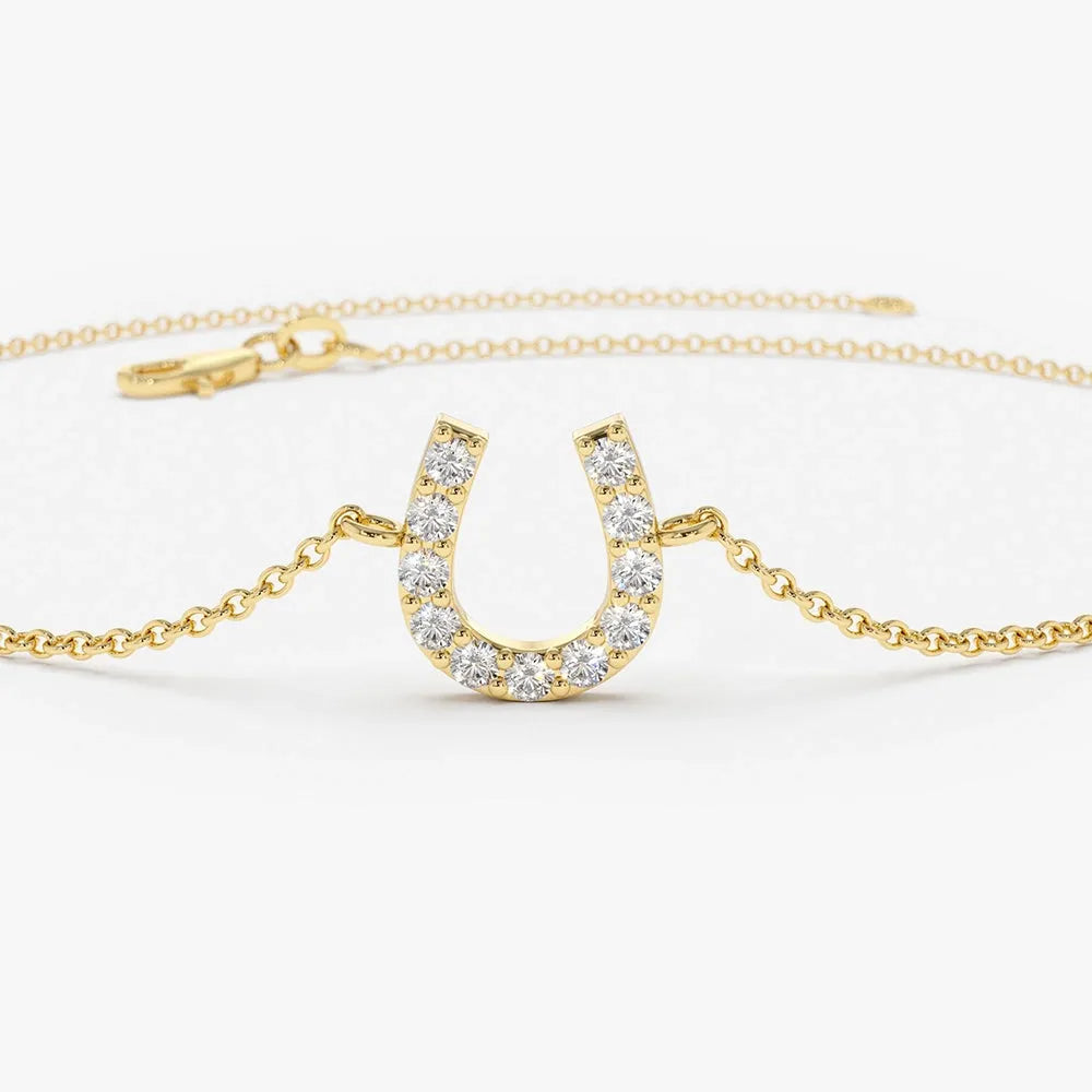 14K Solid Gold Round Diamond Horseshoe Bracelet Micro Pave 0.08 Carat