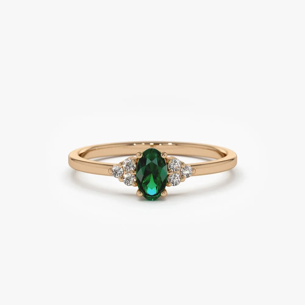 14K Gold Oval Emerald and Round Diamond Ring 0.38 CTW Handcrafted Custom Jewelry