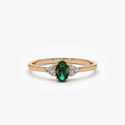 14K Gold Oval Emerald and Round Diamond Ring 0.38 CTW Handcrafted Custom Jewelry