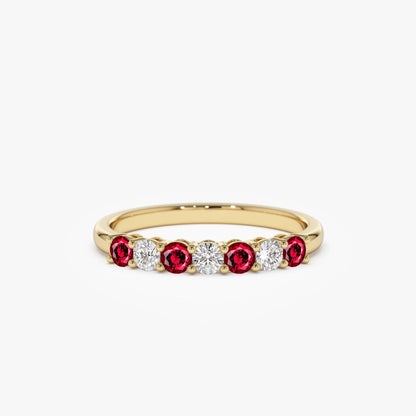 14k Gold Ruby and Diamond Round Cut 7 Stone Basket Setting Wedding Ring 0.43 ctw