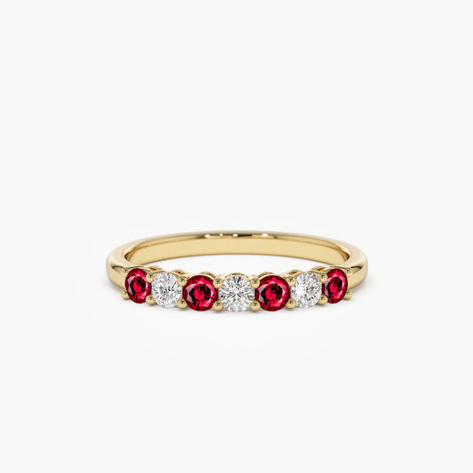 14k Gold Ruby and Diamond Round Cut 7 Stone Basket Setting Wedding Ring 0.43 ctw